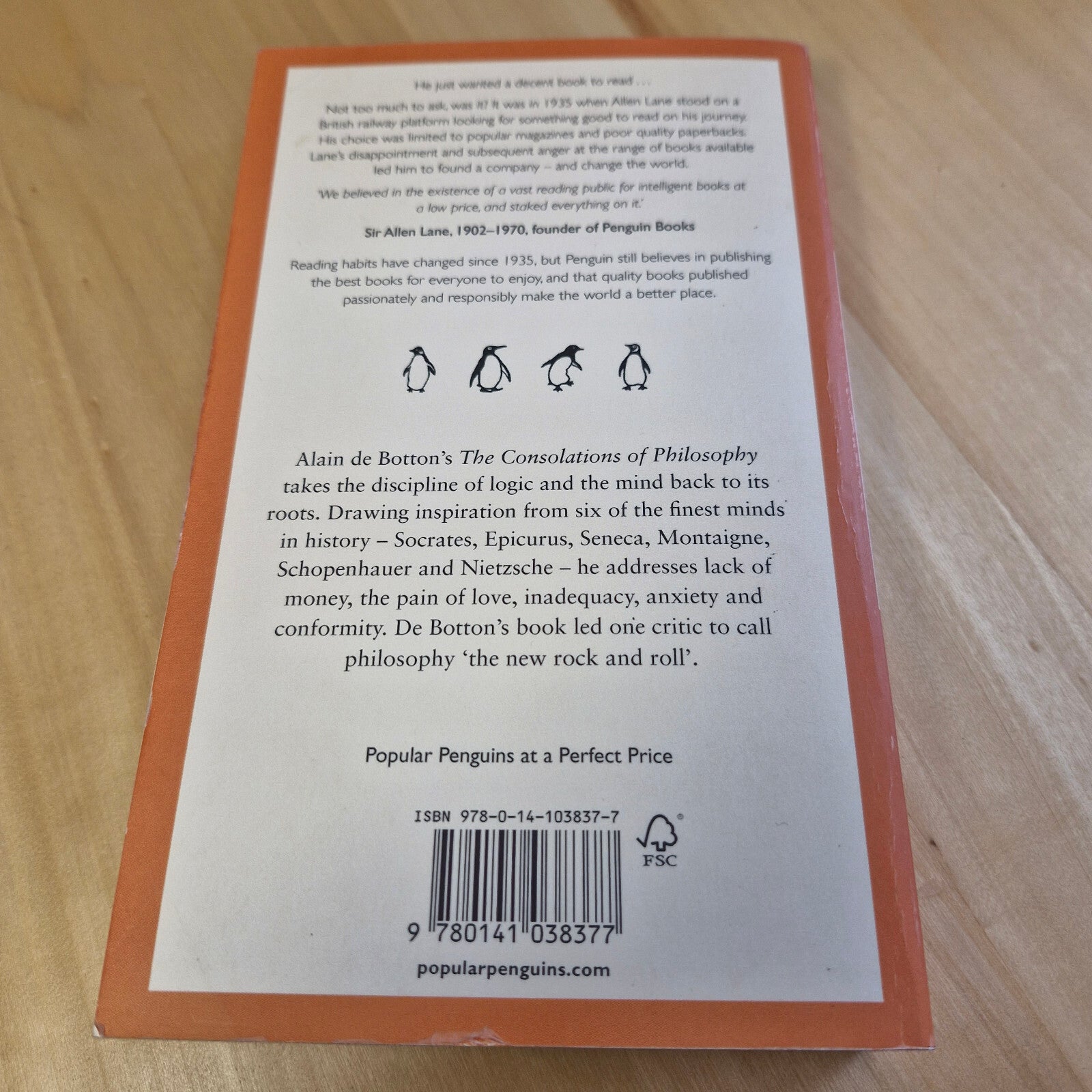 The consolations of philosophy by Alain De Botton - Penguin Books orange cover