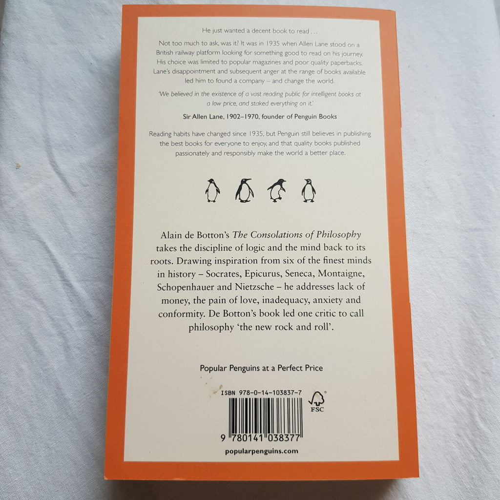 The consolations of philosophy by Alain De Botton - Penguin Books orange cover